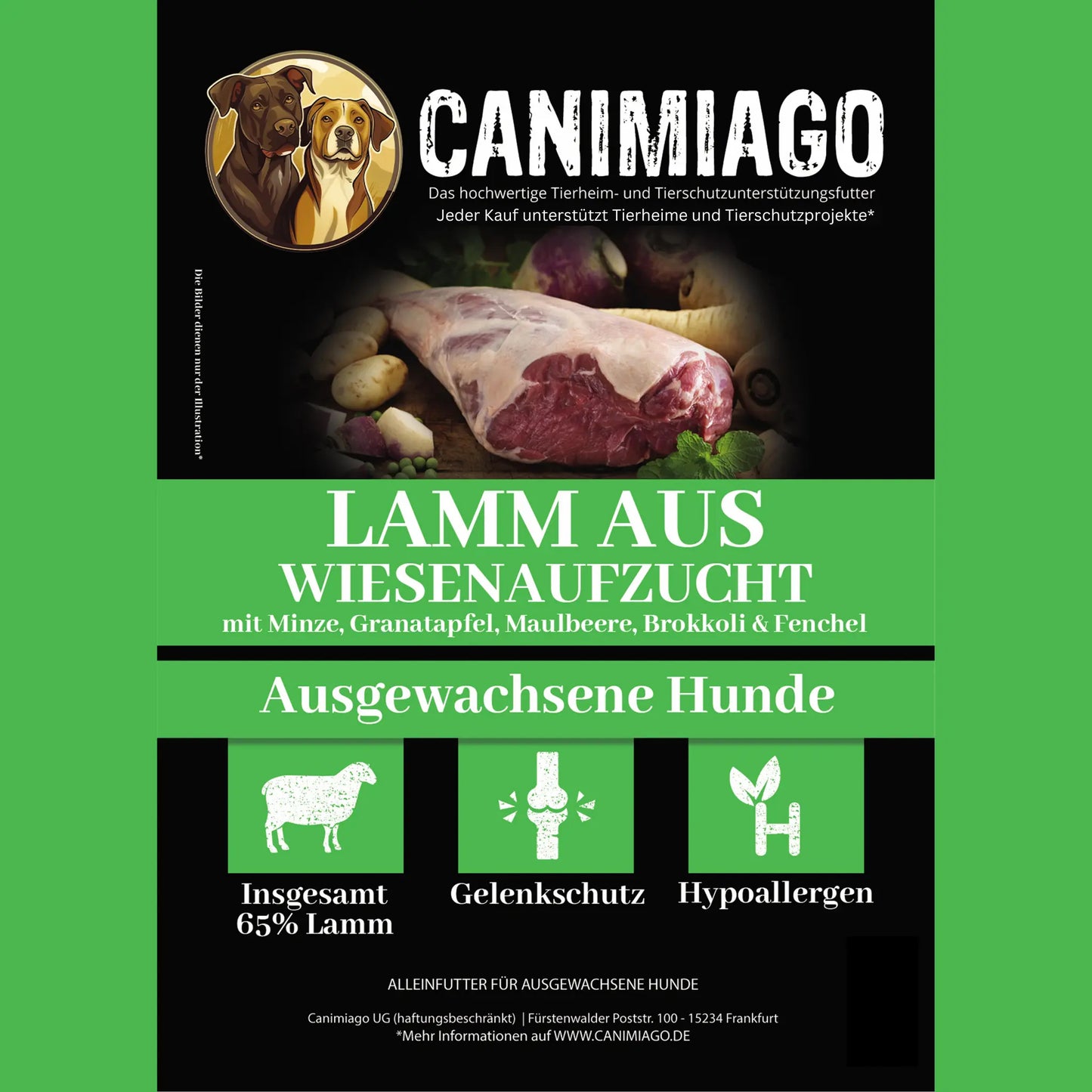 CANIMIAGO ADULT - Lamm aus Wiesenaufzucht mit Minze, Granatapfel, Maulbeere, Brokkoli & Fenchel
